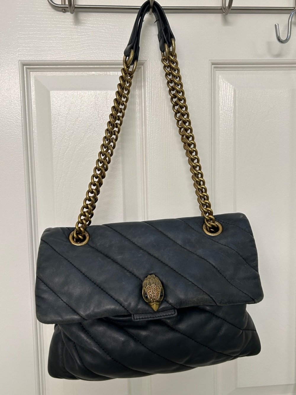 Kurt Geiger Black Quilted Leather Shoulder Bag with Brass Chain